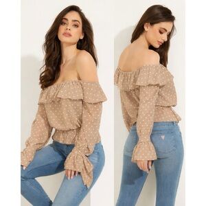 GUESS Polka-Dot Off-The-Shoulder Flounce Top – Size M (NWT)